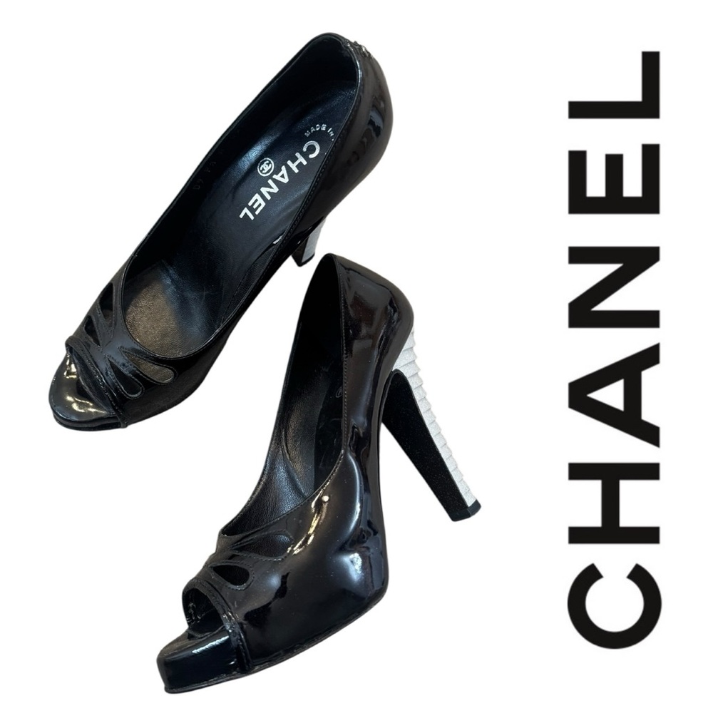 CHANEL CC Logo Patent Leather Peep Toe Platform Pump